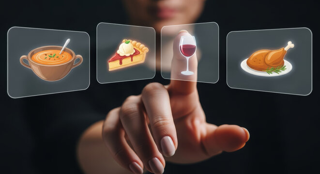 Hand interacting with digital food icons, showcasing a variety of dishes including soup, dessert, wine, and roasted chicken, representing modern culinary choices and technology