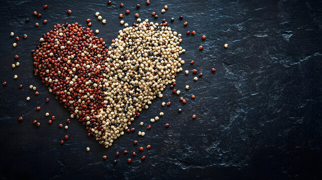 Tri-colored quinoa grains orming a heart shape on a ark, textured background, mphasizing contrast and deail.