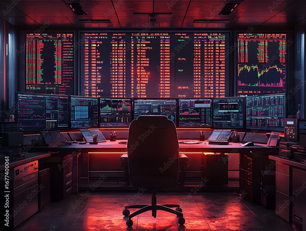 Poster futuristic exchange control room with data screens and empty desks