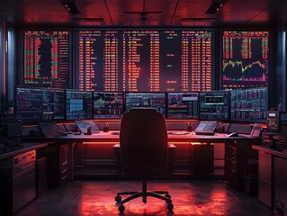 Futuristic exchange control room with data screens and empty desks