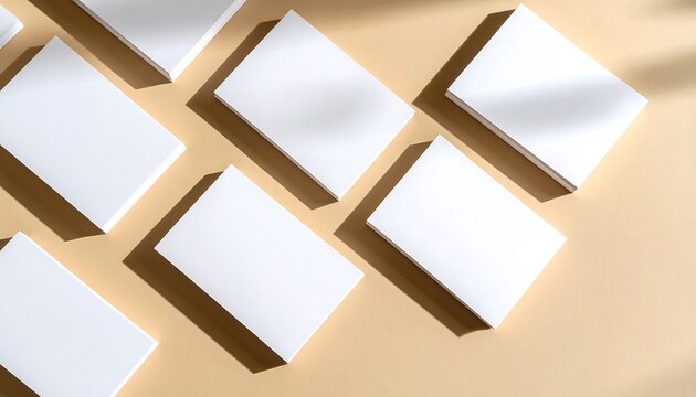 Minimalist mockup of blank white business cards for branding presentation, arranged in a grid with strong shadows from natural sunlight on a beige background