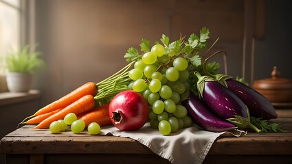 Fresh Organic Fruits and Vegetables on Wooden Table: Healthy Eating Concept