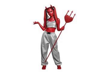 Glamorous Devil Girl with Glitter Outfit and Heart Trident