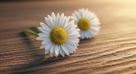 Obraz premium Close Up Of Two Fresh Daisies With White Petals And Yellow Centers Resting On A Textured Wooden Surface In Warm, Natural Light.