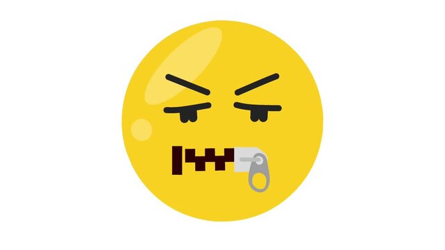 Yellow emoticon with zipped mouth animation, silent face emoji concept for privacy and secrecy.
