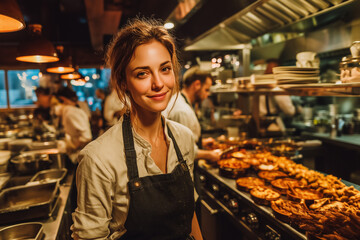 Smiling young female chef in apron standing in busy restaurant kitchen with trays of freshly cooked food, warm lighting, and professional team working in the background
