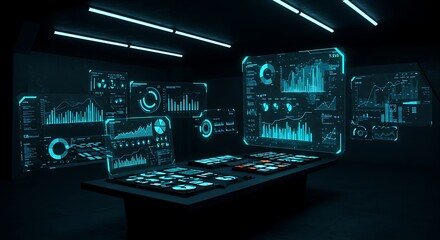Futuristic Data Center Interface with Holographic Displays and Technological Analysis