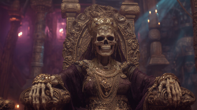 Mummy queen on throne with golden jewelry in haunted temple. halloween mummy, queen, throne, spooky, eerie, temple, gothic, october, festive, undead, creepy, ancient, skulls, scary