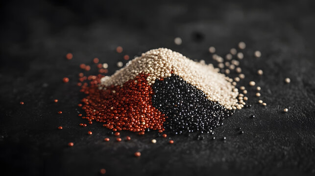 Tri-colored quinoa grains (white, red, and black) aranged in a small heap on adark matte background, empasizing their natural tone.