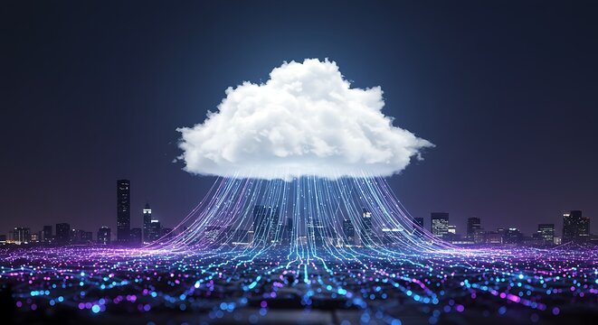 Cloud computing concept, data transfer, city skyline and digital network connection