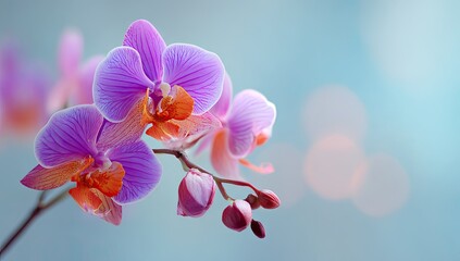 A close-up of a vibrant purple and orange orchid branch with unopened buds, set against a soft, blurred teal background