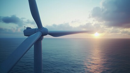 Wind turbine on the ocean at sunset. Realistic dynamic financial data visualization video. Renewable energy data and management of wind turbines. Offshore wind turbine lifestyle during sunset.
