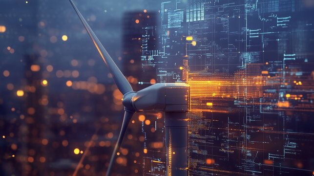 Wind turbine on the ocean at sunset. Realistic dynamic financial data visualization video. Renewable energy data and management of wind turbines. Offshore wind turbine during sunset lifestyle.