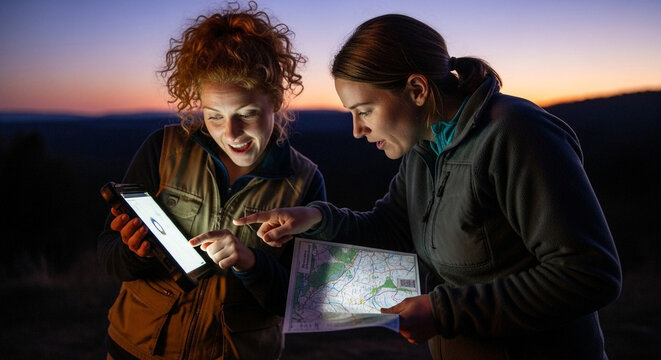 Two hikers use a map and a GPS device to navigate in the mountains at sunset a perfect image of teamwork adventure and exploring the great outdoors together