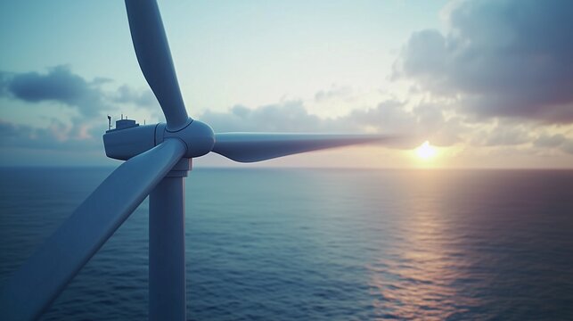 Wind turbine on the ocean at sunset. Realistic dynamic financial data visualization video. Renewable energy data and management of wind turbines. Offshore wind turbine lifestyle during sunset.