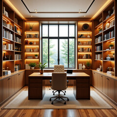 Luxurious modern home office with floor to ceiling bookshelves and large window