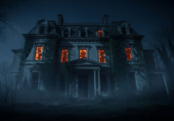 A hyper-realistic abandoned Victorian mansion surrounded by mist, glowing orange lights, and eerie atmosphere, perfect for Halloween projects and dark backgrounds, Ai Generate.