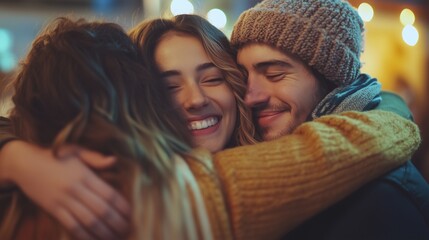 Three friends hugging and smiling. A group of friends embrace in a video gathered. A reunited field with a shallow depth of field. Three friends embracing each other with lifestyle joyful smiles.