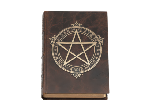 Antique Leather Book with Pentagram, Isolated on White Background