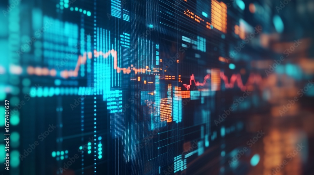 Poster data center with a blurred image of the data. video of financial information server with realistic v