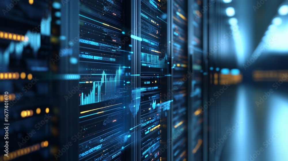 Poster data center with a blurred image of the data. video of financial information server with realistic v