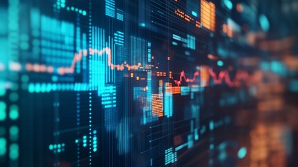 Data center with a blurred image of the data. Video of financial information server with realistic visualization. International commerce and financial management room with lifestyle interfaces.