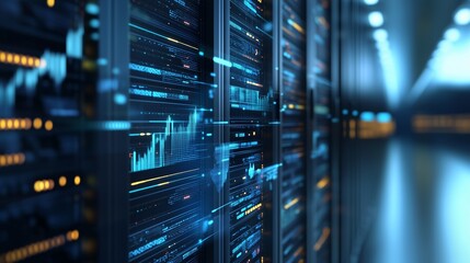 Data center with a blurred image of the data. Video of financial information server with realistic visualization. International commerce and financial management room lifestyle with interfaces.