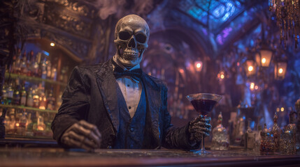 Obraz premium Skeleton bartender serving drinks at haunted tavern. halloween skeleton, bartender, tavern, spooky, eerie, skull, october, festive, creepy, scary, haunted, horror, bar scene