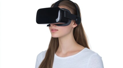 Fototapeta premium A young woman using VR goggles for gaming or education purposes.