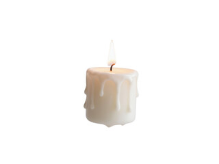 Burning Candle: White Wax Candle with Dripping Wax, Isolated on White