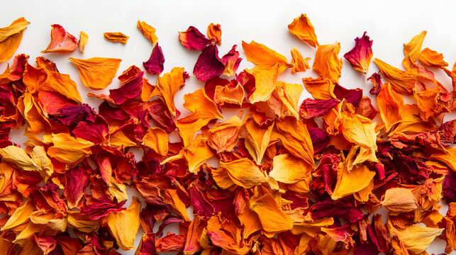 Vibrant dried safflower petals in orange-red tones, pread across a white surfae, creating a natural and olorful display.