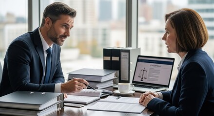 Two business professionals discussing a legal matter in an office setting.