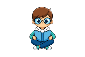 Photo of a cute cartoon boy with glasses sitting and reading a book, isolated on transparent background