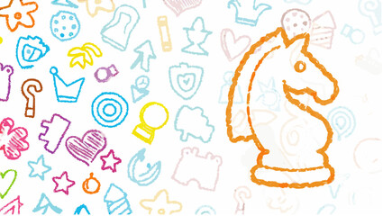Fototapeta premium A colorful drawing featuring a prominent orange knight chess piece surrounded by whimsical doodles and shapes