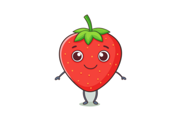 Photo of happy cartoon strawberry with arms and legs, smiling and standing isolated on a transparent background