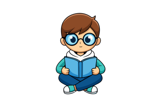 Photo of a cute cartoon boy with glasses sitting and reading a book, isolated on transparent background