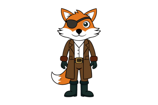 Photo of cute cartoon fox dressed as a pirate with an eye patch, standing isolated on a transparent background