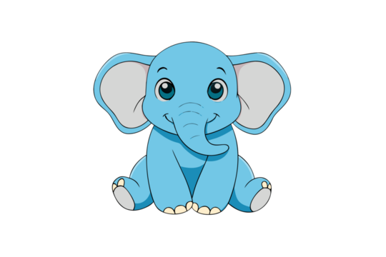 Photo of cute baby blue elephant sitting down, looking forward with big eyes, isolated on a transparent background - Powered by Adobe