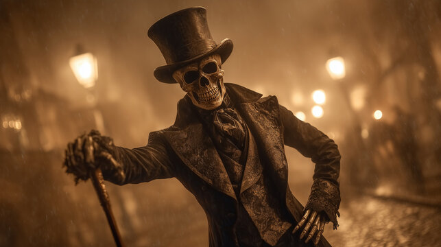 Skeleton wearing a top hat and cane posing on Halloween night. halloween skeleton, top hat, costume, spooky, eerie, skull, october, festive, creepy, scary, masquerade, gothic, cele