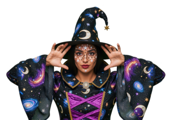 Beautiful Witch with Galaxy Makeup and Costume on White