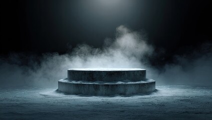 A two-tiered, stone podium sits in a dimly lit, smoky, snowy scene, illuminated from above by a single light source