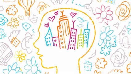 Outline of a head filled with city buildings and hearts surrounded by floral and house sketches art