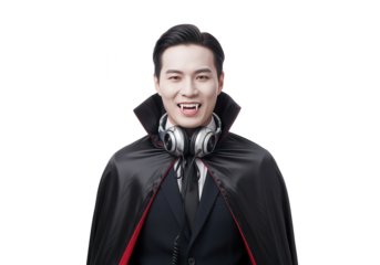 Stylish Asian Vampire DJ: Modern Halloween Costume Portrait on a White Background