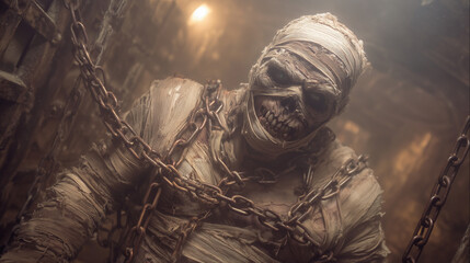 Mummy trapped in chains inside haunted dungeon. halloween mummy, chains, dungeon, spooky, eerie, skull, october, festive, scary, creepy, horror, haunted, dark, ancient