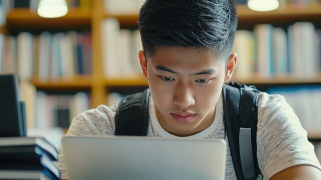 Asian student focused on laptop in study hall