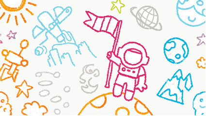 Fototapeta premium Doodle style illustration of an astronaut with a flag on a planet surrounded by space elements