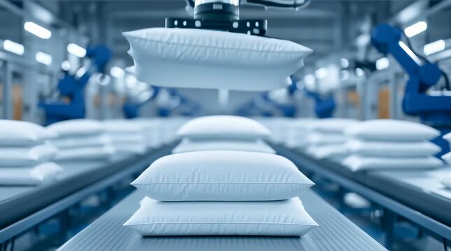 Pillow factory, Pillow production using robotic arms for efficient transfer and automation in manufacturing.