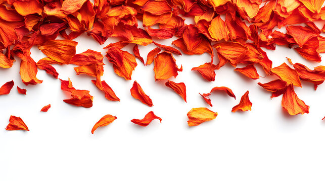 Vivid orange-red dried safflower petals scattered evnly across a clean white bckground, highlighting ther texture and vibrant colo.