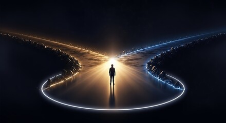 Silhouette of a man standing at a crossroads illuminated with orange and blue light, choice path concept for future planning, career direction and strategic decision