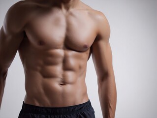 Fototapeta premium Close-up of a Fit and Strong Shirtless Mans Muscular Torso Showcasing Well-defined Abs, Chest, and Arms Against a Plain Background